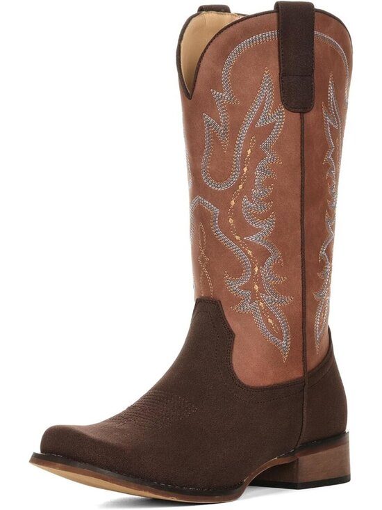 Shoes - Women's Chocolate Square Toe Mid Calf Cowgirl Boots Embroidered Chunky Heel Boot